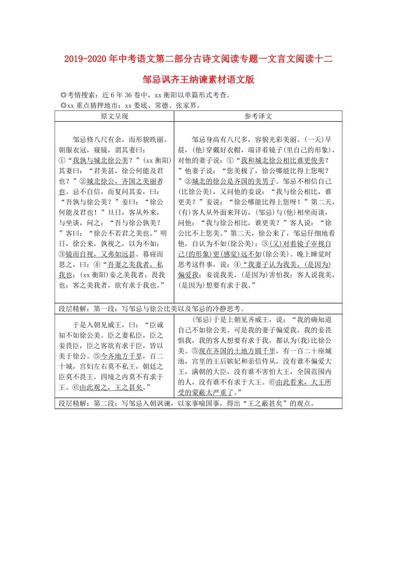 2019-2020年中考语文第二部分古诗文阅读专题一文言文阅读十二邹忌讽齐王纳谏素材语文版.doc_第1页