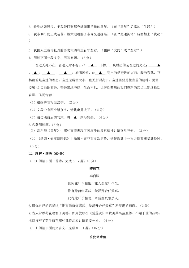 2019-2020年中考语文模拟试题（三无答案）.doc_第2页