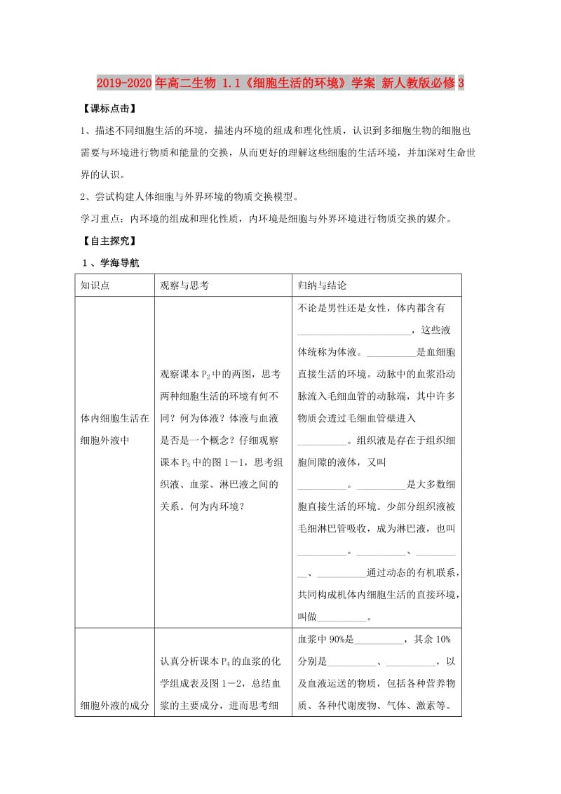 2019-2020年高二生物 1.1《细胞生活的环境》学案 新人教版必修3.doc_第1页