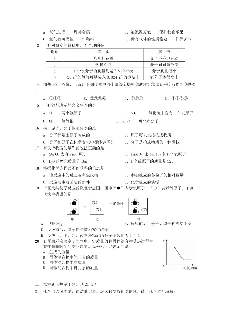 2019-2020年九年级化学上学期期中质量抽测试题 沪教版五四制.doc_第2页