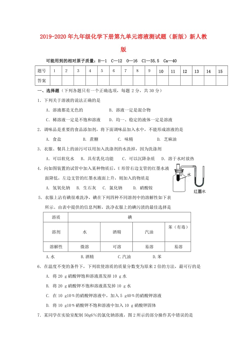 2019-2020年九年级化学下册第九单元溶液测试题（新版）新人教版.doc_第1页