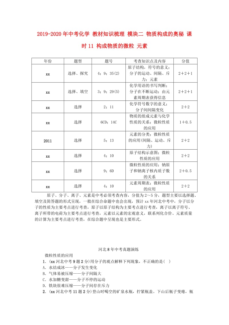 2019-2020年中考化学 教材知识梳理 模块二 物质构成的奥秘 课时11 构成物质的微粒 元素.doc_第1页