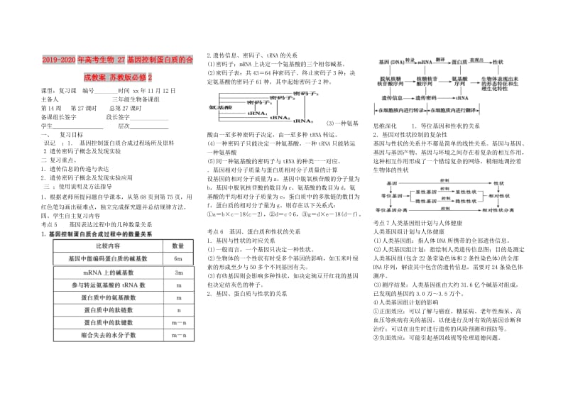 2019-2020年高考生物 27基因控制蛋白质的合成教案 苏教版必修2.doc_第1页