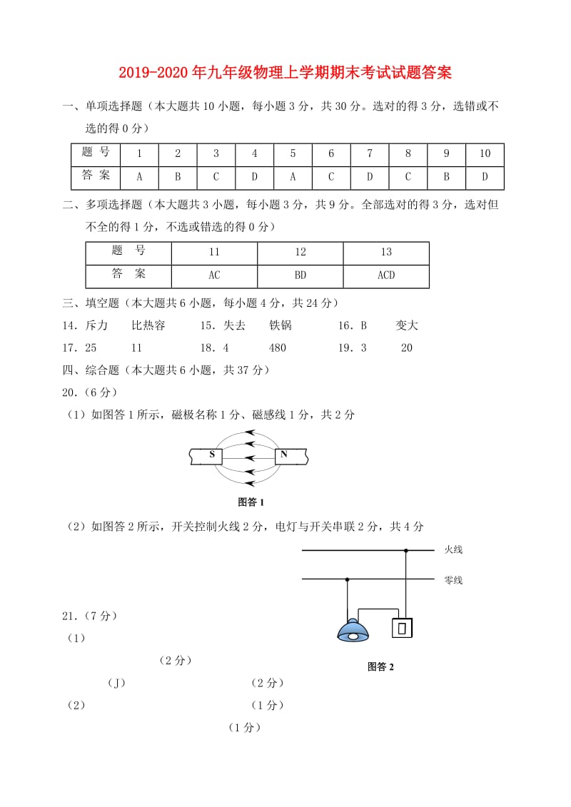 2019-2020年九年级物理上学期期末考试试题答案.doc_第1页