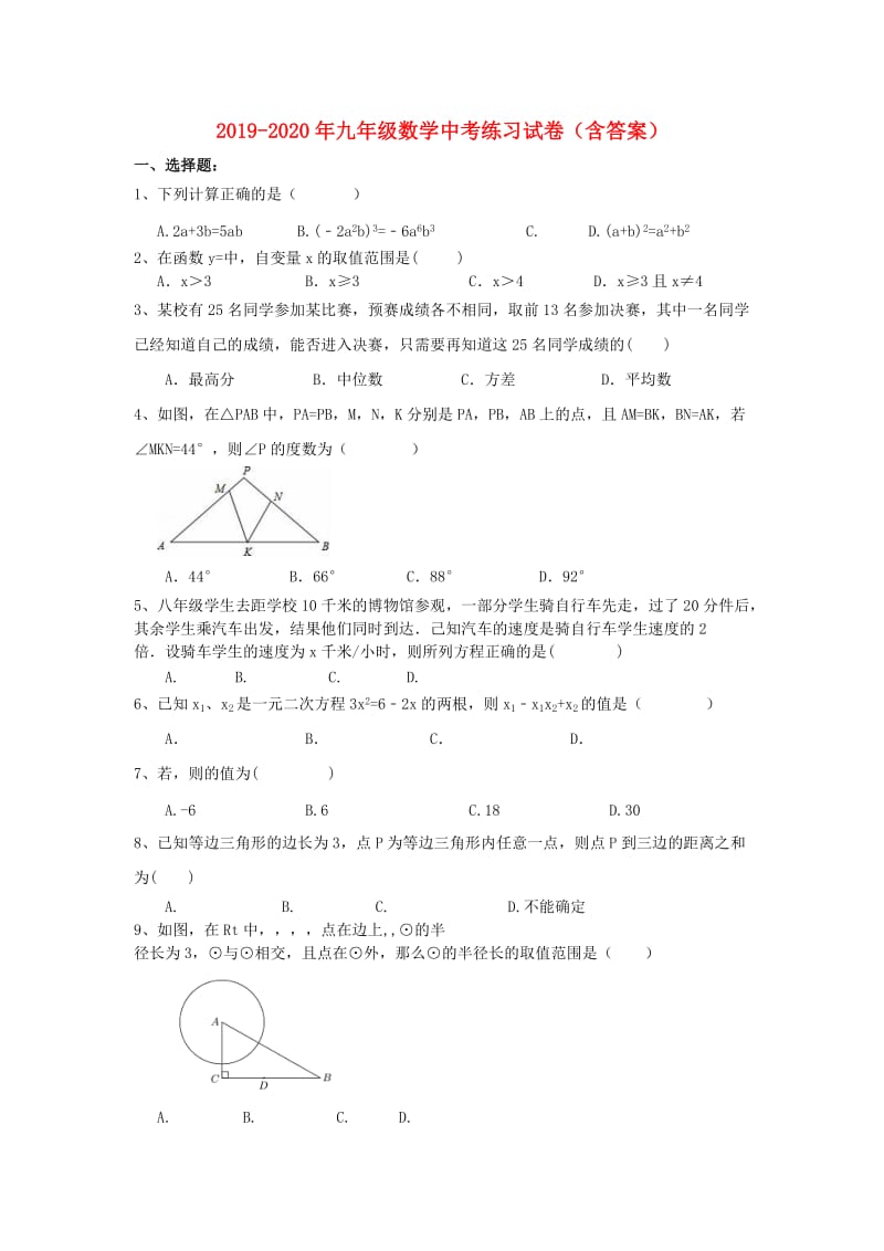 2019-2020年九年级数学中考练习试卷（含答案）.doc_第1页