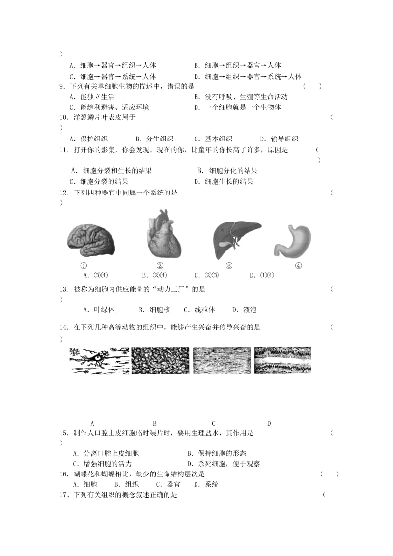 2019-2020年中考生物复习-主题二 生物体的结构层次 检测.doc_第2页