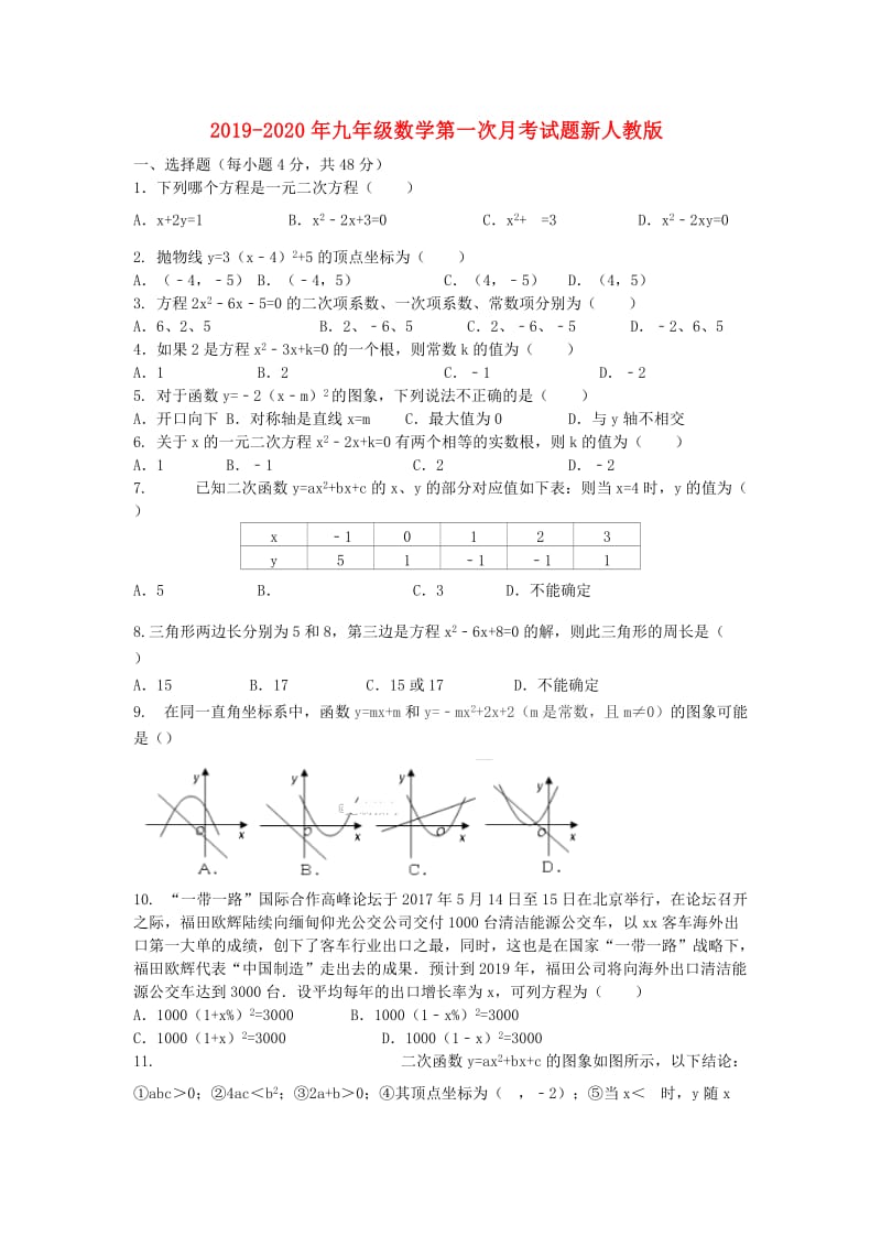 2019-2020年九年级数学第一次月考试题新人教版.doc_第1页