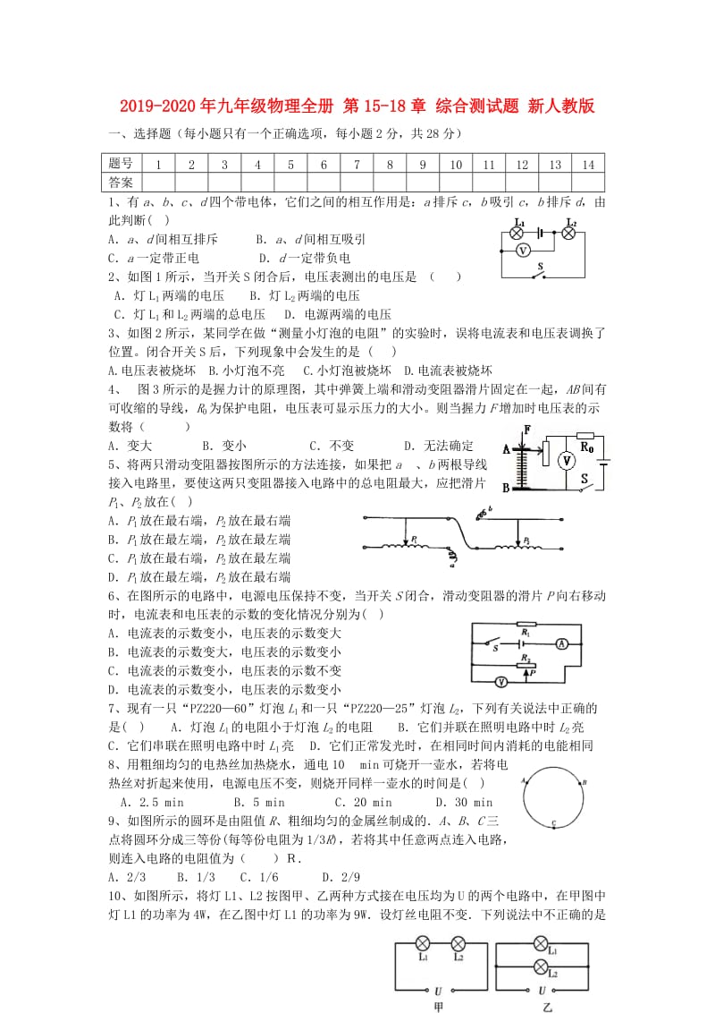 2019-2020年九年级物理全册 第15-18章 综合测试题 新人教版.doc_第1页