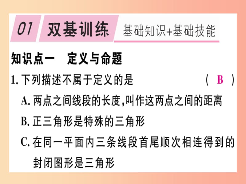 八年级数学上册 第7章《平行线的证明》7.2 定义与命题 第1课时 定义与命题习题讲评课件 北师大版.ppt_第2页