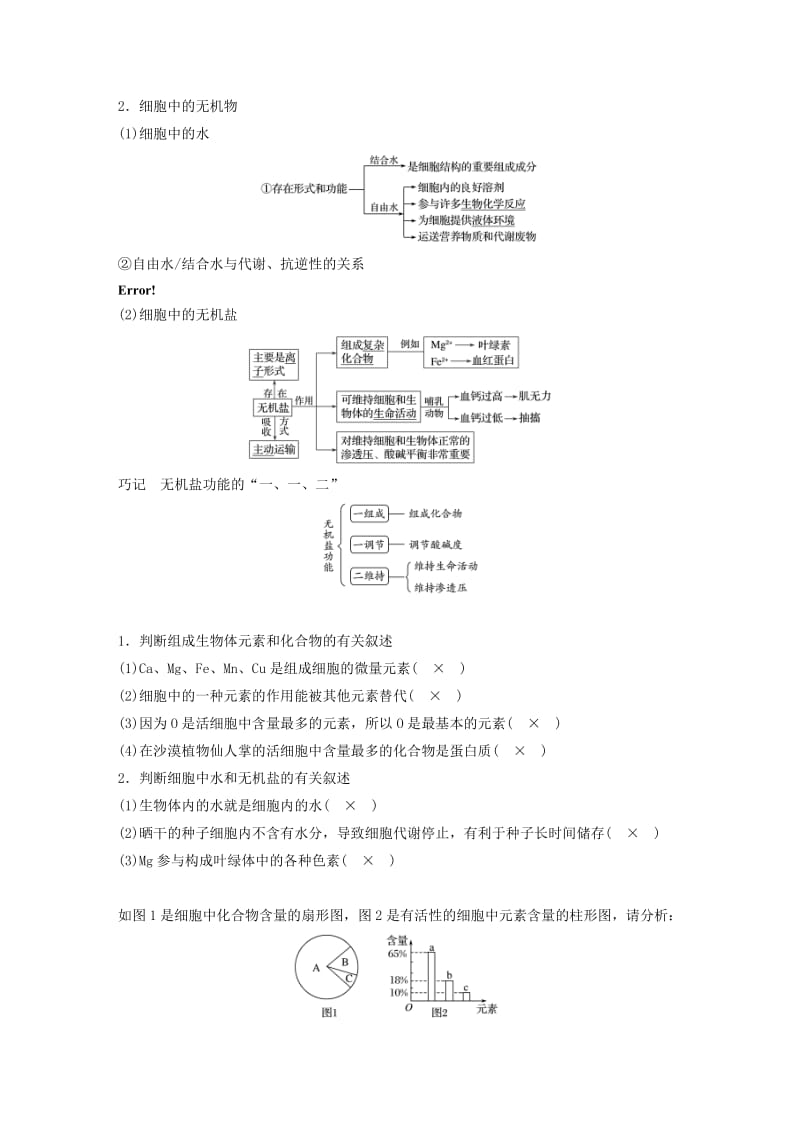 2019-2020年高考生物大一轮复习第一单元细胞的概述及其分子组成第2讲细胞中的无机物、糖类和脂质学案.doc_第2页