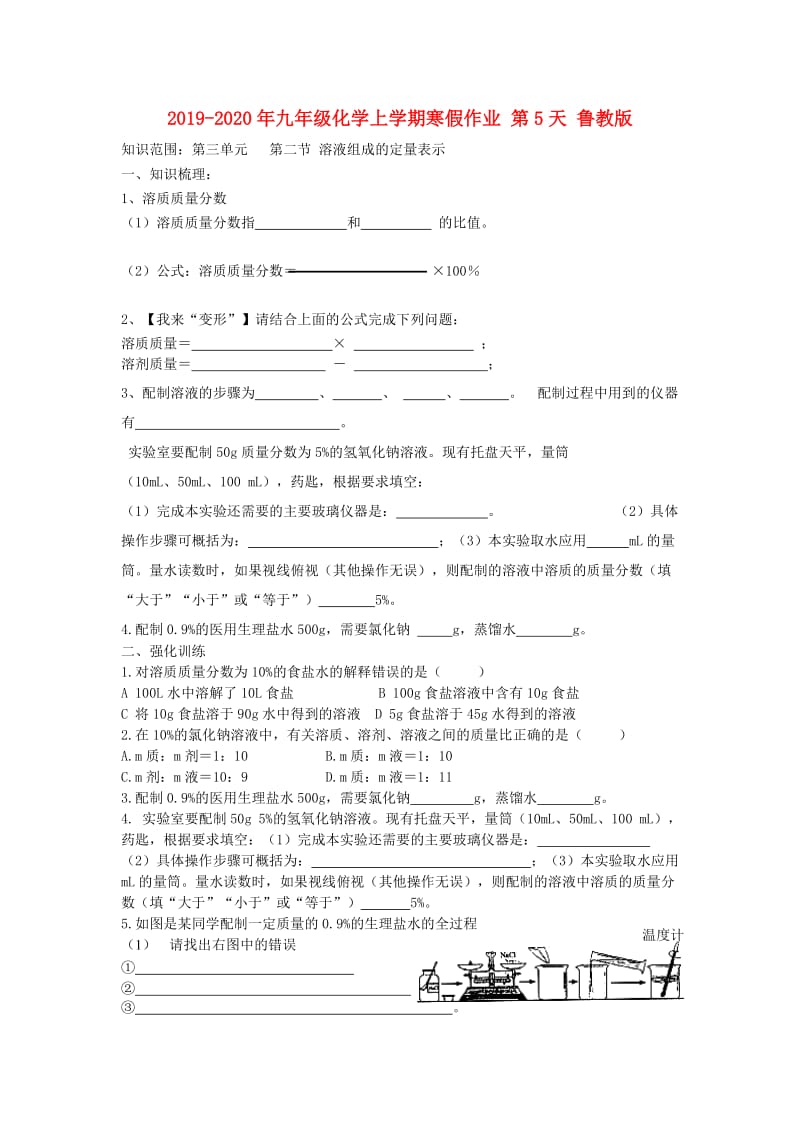 2019-2020年九年级化学上学期寒假作业 第5天 鲁教版.doc_第1页