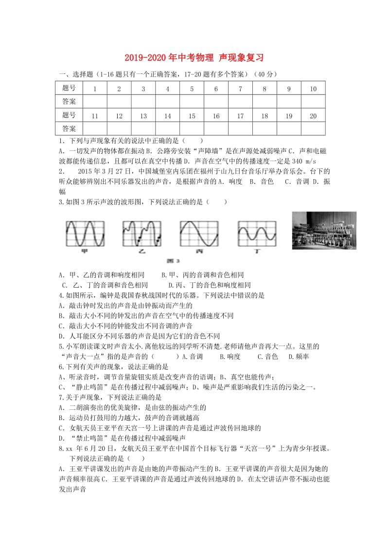 2019-2020年中考物理 声现象复习.doc_第1页