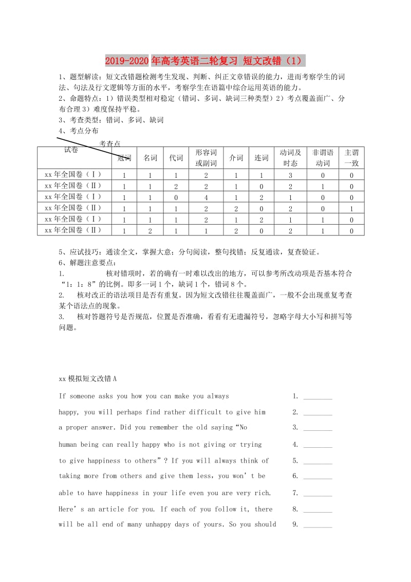 2019-2020年高考英语二轮复习 短文改错（1）.doc_第1页