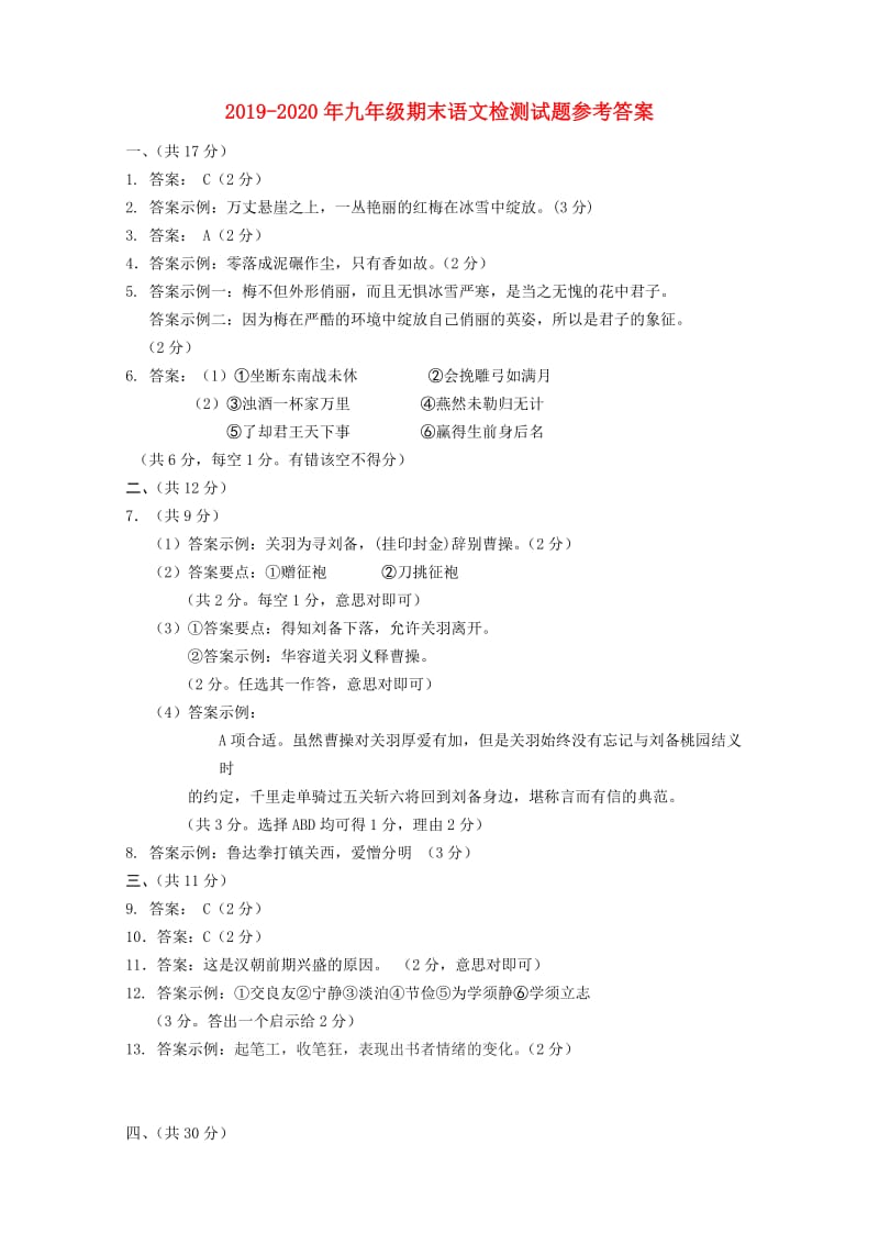 2019-2020年九年级期末语文检测试题参考答案.doc_第1页