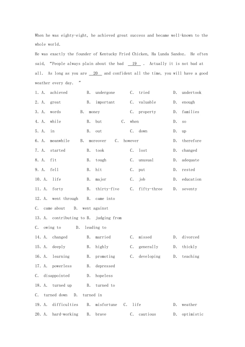 2019-2020年高考英语二轮复习 完形填空选练（2）.doc_第2页