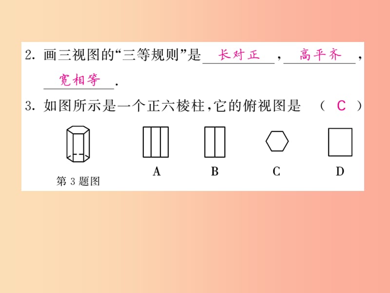 2019-2020学年九年级数学下册 第3章 投影与视图 3.3 三视图 第1课时 简单几何体的三视图习题课件 湘教版.ppt_第2页