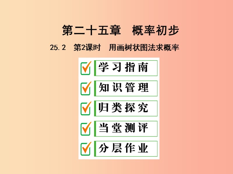 九年级数学上册 第二十五章 概率初步 25.2 用列表法求概率 第2课时 用画树状图法求概率课件 新人教版.ppt_第1页