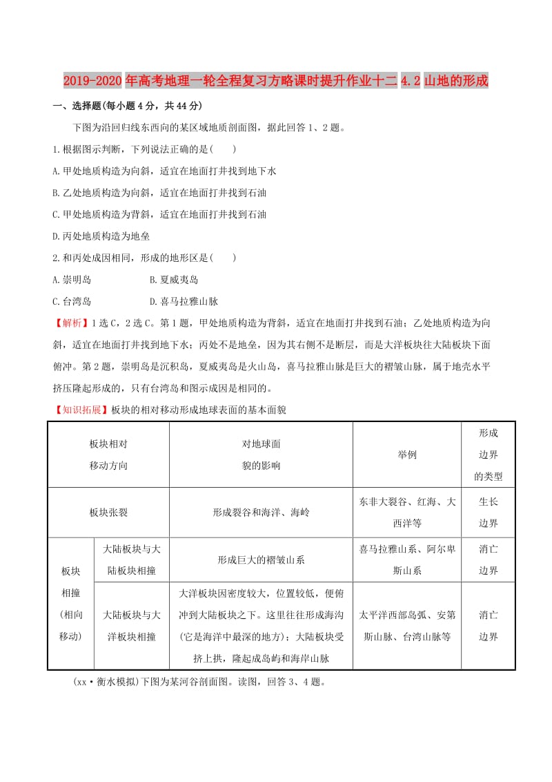 2019-2020年高考地理一轮全程复习方略课时提升作业十二4.2山地的形成.doc_第1页