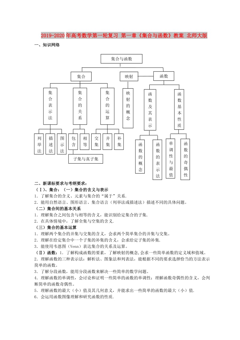 2019-2020年高考数学第一轮复习 第一章《集合与函数》教案 北师大版.doc_第1页