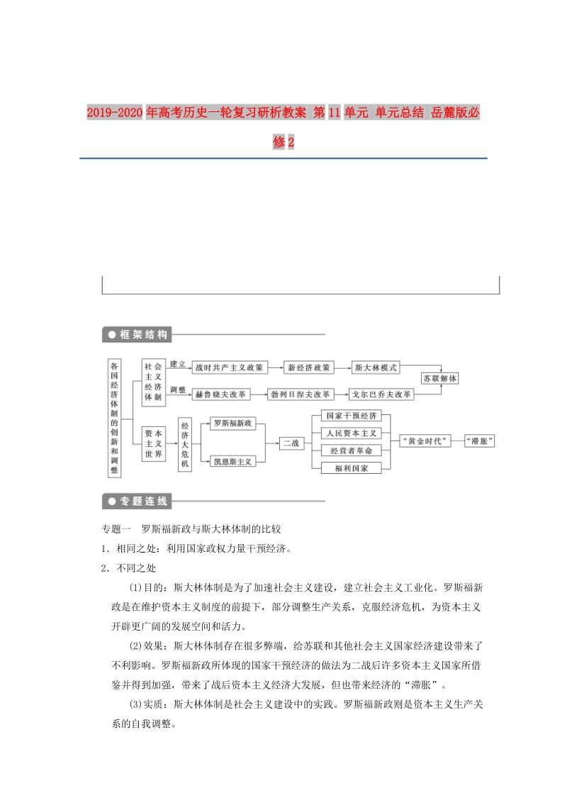 2019-2020年高考历史一轮复习研析教案 第11单元 单元总结 岳麓版必修2.doc_第1页