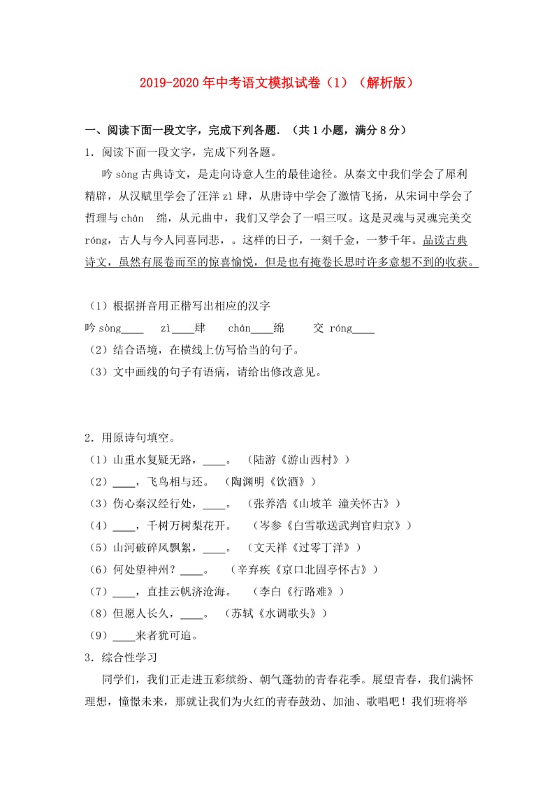 2019-2020年中考语文模拟试卷（1）（解析版）.doc_第1页