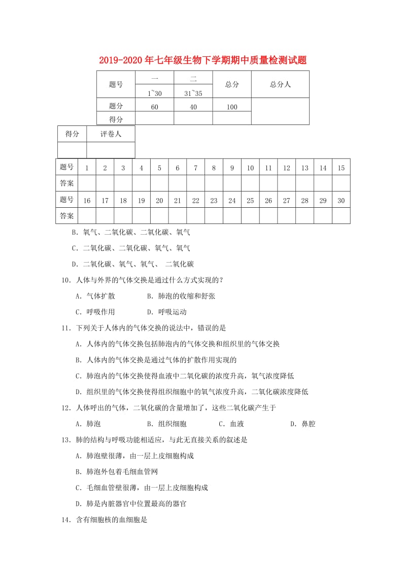 2019-2020年七年级生物下学期期中质量检测试题.doc_第1页