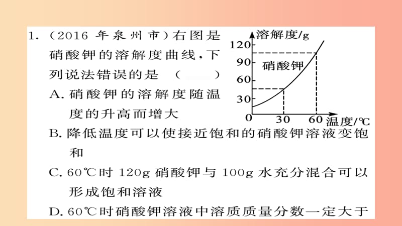 2019年中考化学总复习 第一轮复习 系统梳理 夯基固本 第18讲 溶解度及溶解度曲线练习课件.ppt_第2页