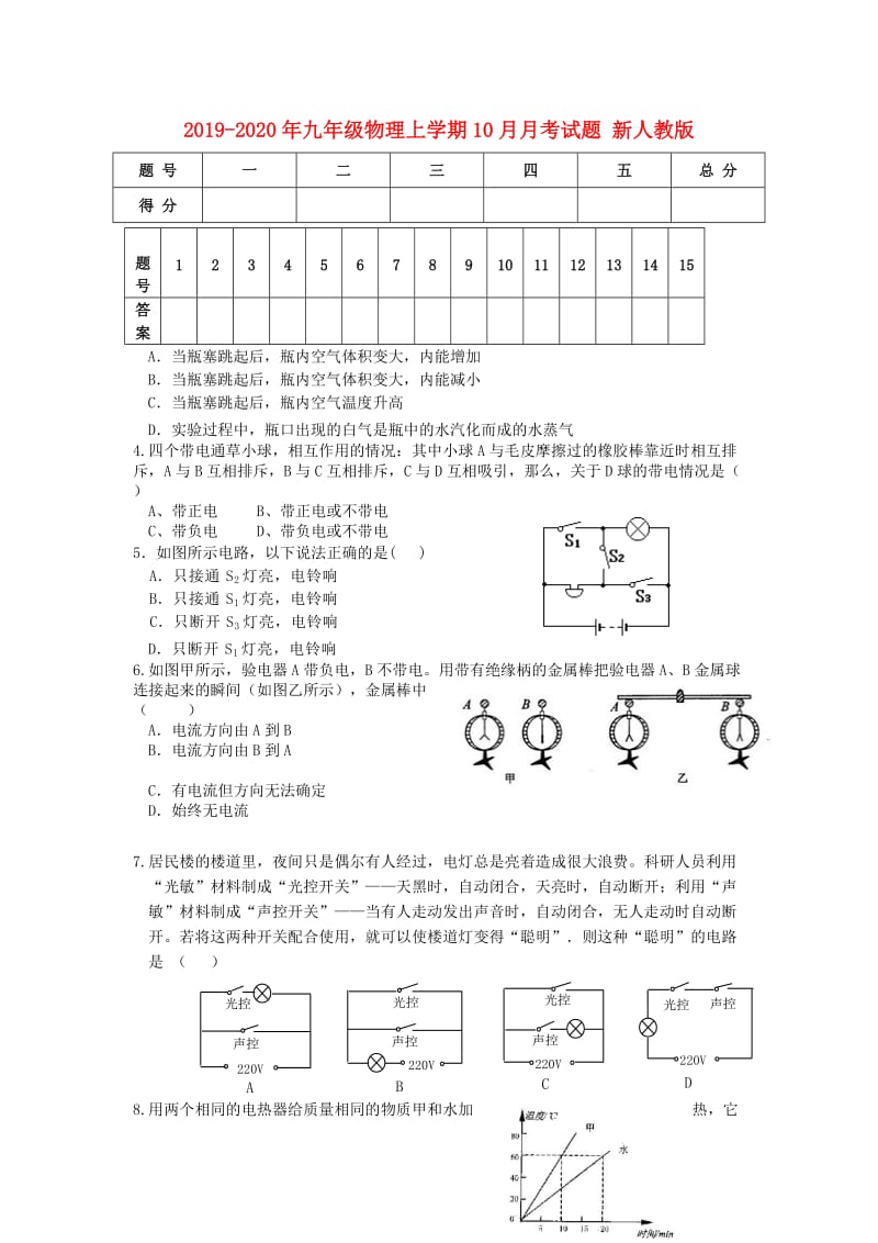 2019-2020年九年级物理上学期10月月考试题 新人教版.doc_第1页