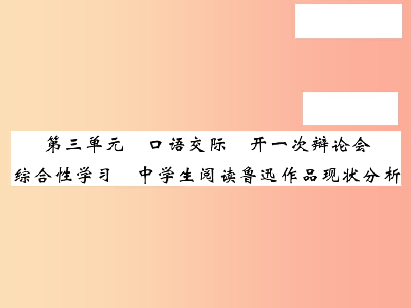 2019秋九年级语文上册 第三单元 口语交际 中学生阅读鲁迅作品现状分析习题课件 语文版.ppt_第1页