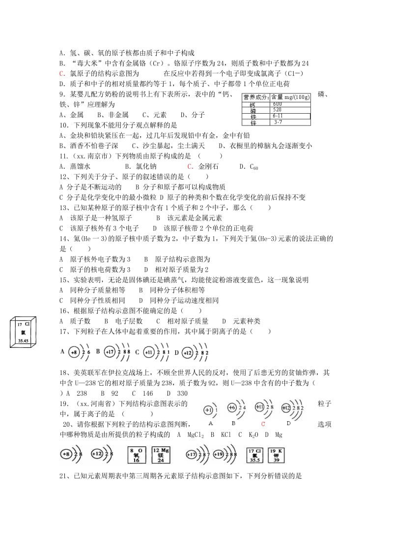 2019-2020年中考化学总复习：专题二 物质的组成和结构.doc_第3页