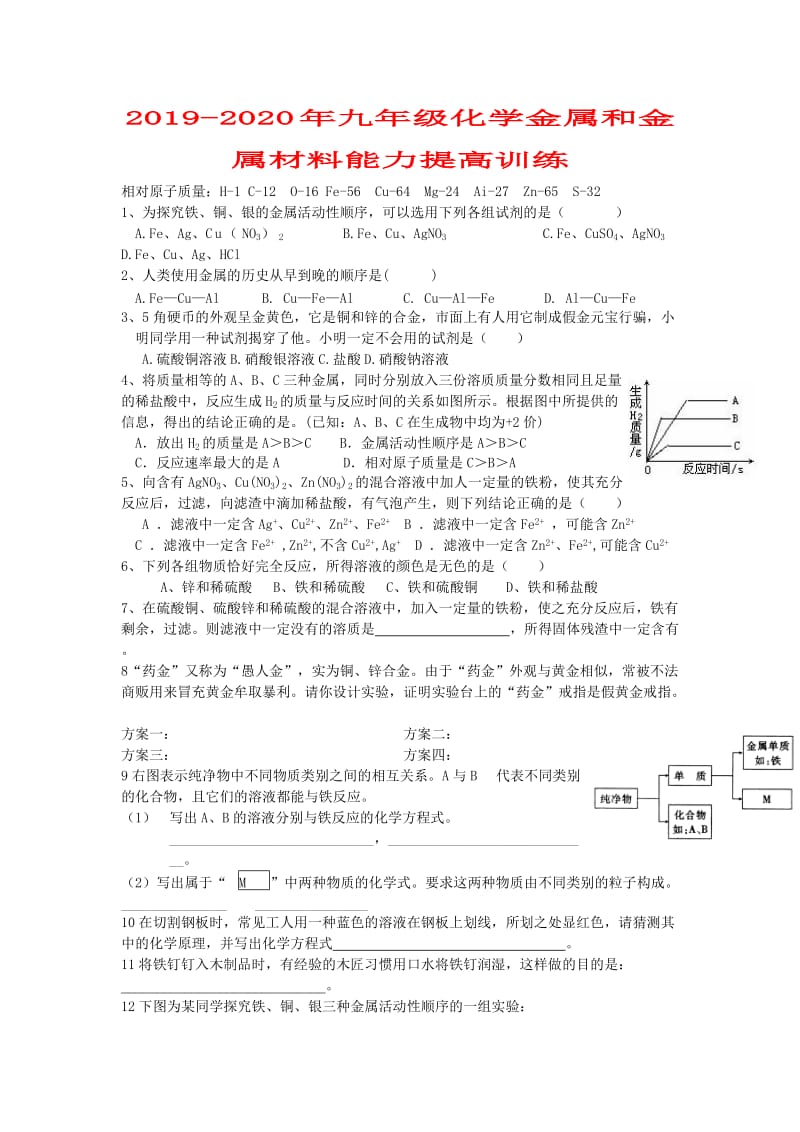 2019-2020年九年级化学金属和金属材料能力提高训练.doc_第1页