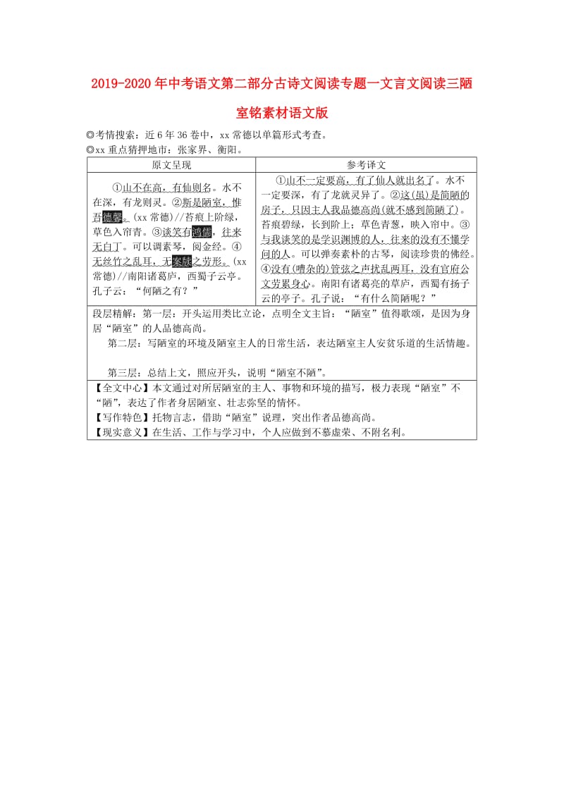 2019-2020年中考语文第二部分古诗文阅读专题一文言文阅读三陋室铭素材语文版.doc_第1页