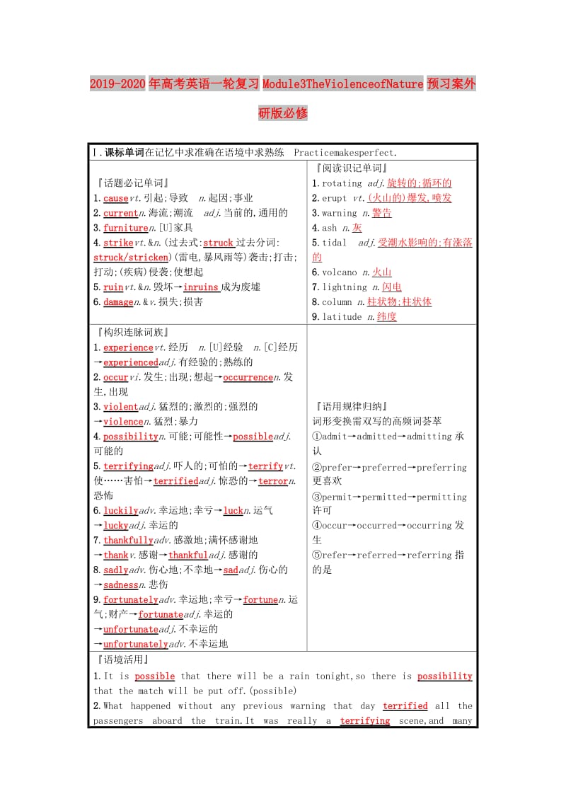 2019-2020年高考英语一轮复习Module3TheViolenceofNature预习案外研版必修.doc_第1页