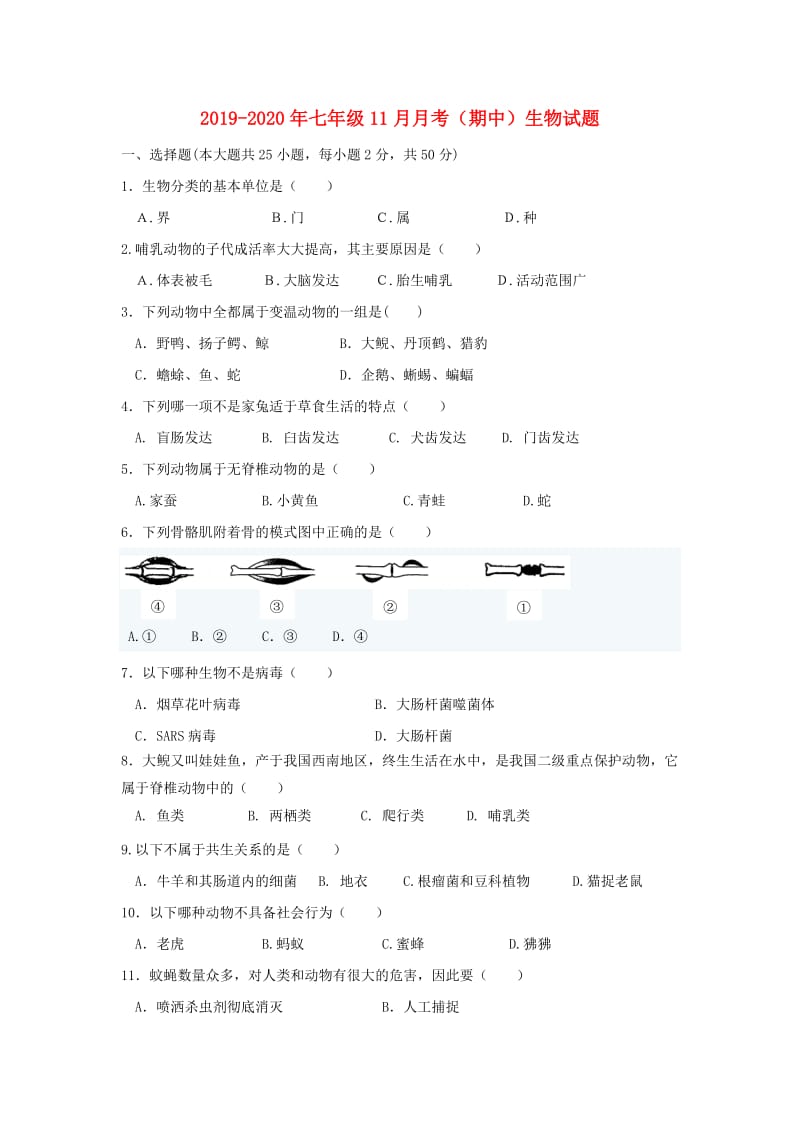 2019-2020年七年级11月月考（期中）生物试题.doc_第1页