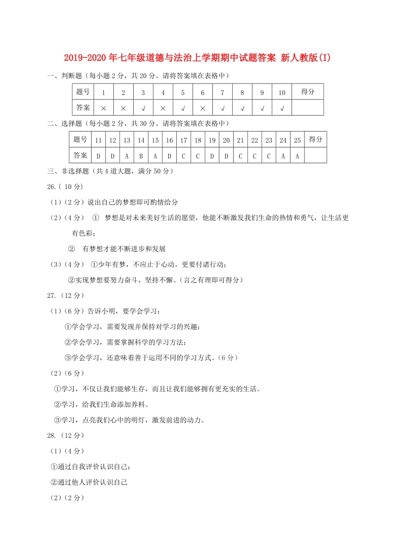 2019-2020年七年级道德与法治上学期期中试题答案 新人教版(I).doc_第1页