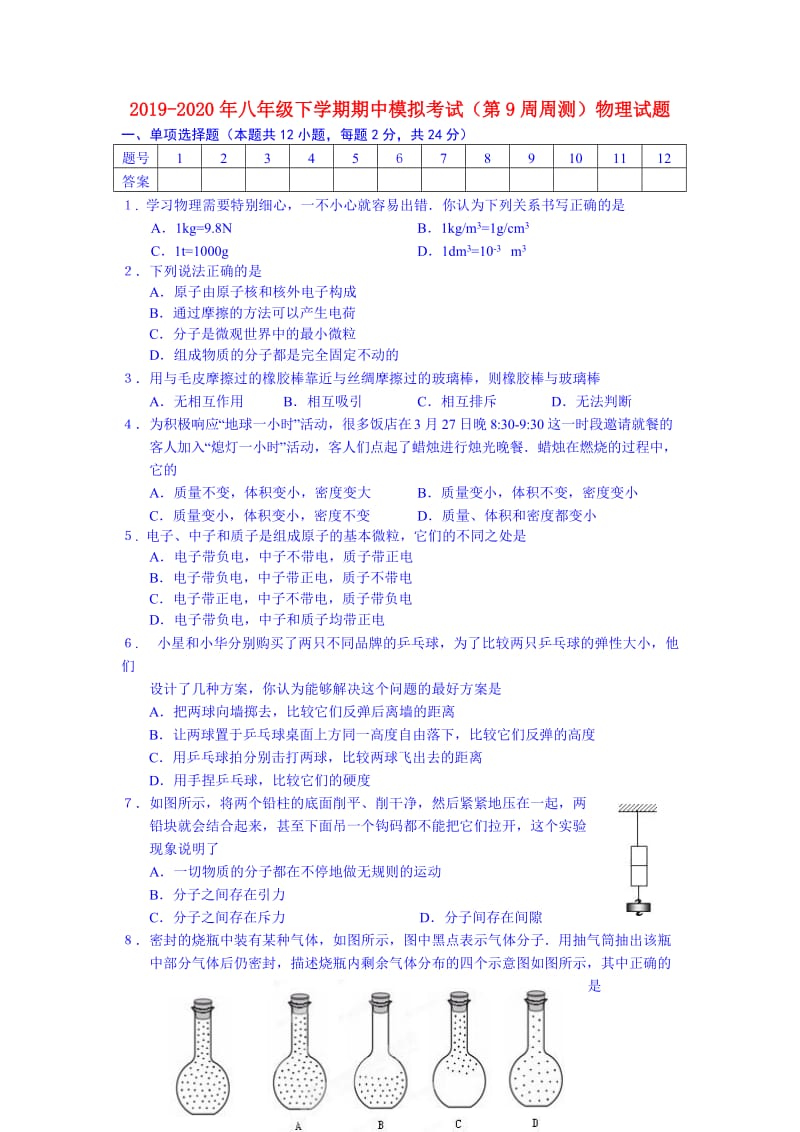 2019-2020年八年级下学期期中模拟考试（第9周周测）物理试题.doc_第1页