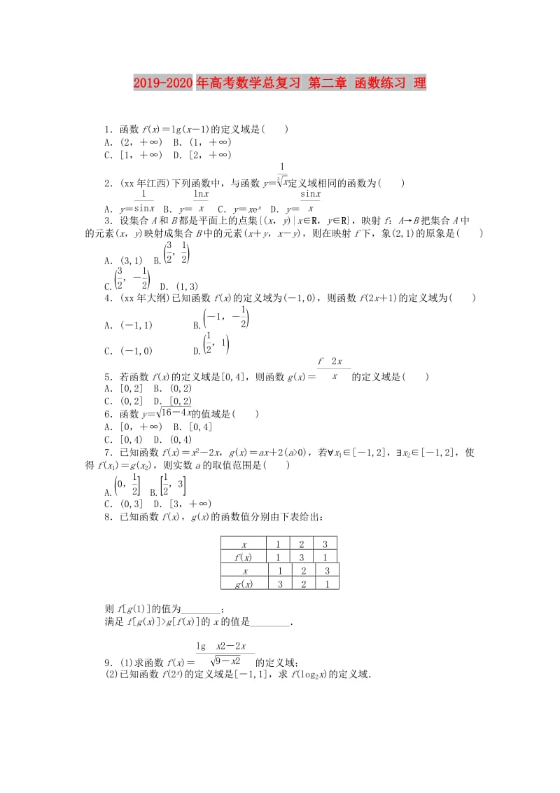 2019-2020年高考数学总复习 第二章 函数练习 理.doc_第1页