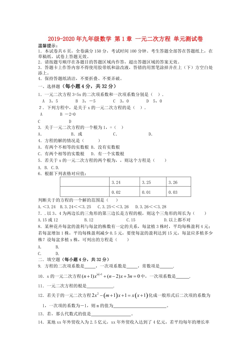 2019-2020年九年级数学 第1章 一元二次方程 单元测试卷.doc_第1页