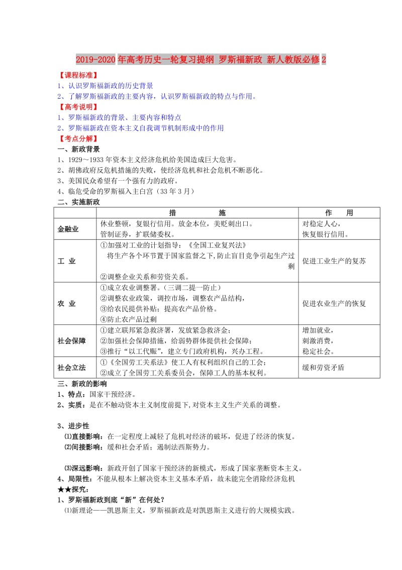 2019-2020年高考历史一轮复习提纲 罗斯福新政 新人教版必修2.doc_第1页