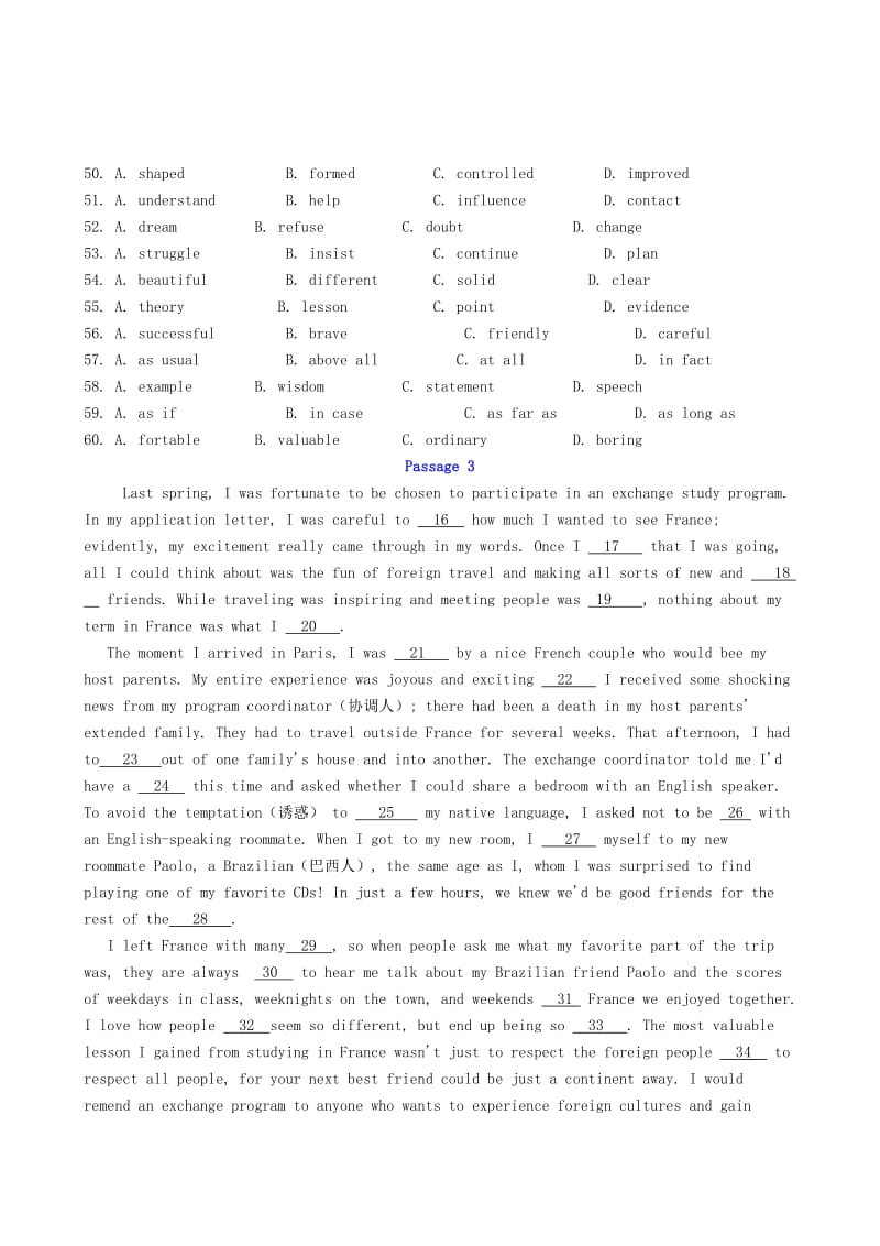 2019-2020年高考英语完形填空集训（五）.doc_第3页