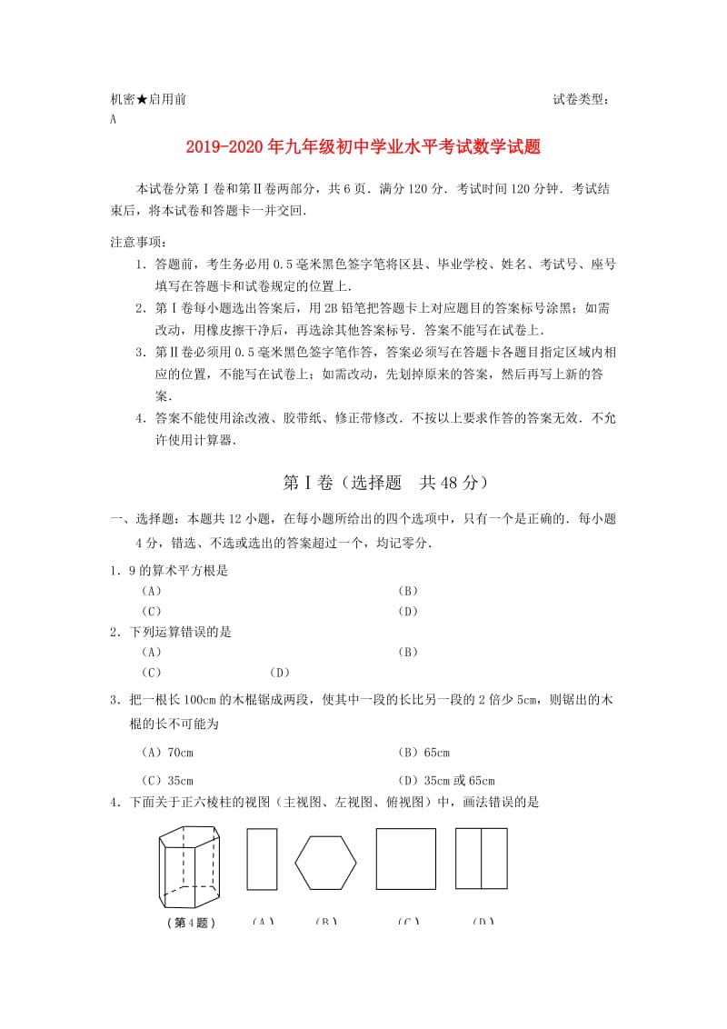 2019-2020年九年级初中学业水平考试数学试题.doc_第1页