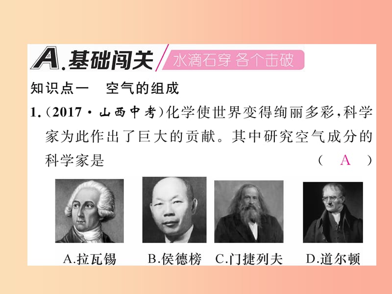 九年级化学上册 第2单元 我们周围的空气 课题1 空气 第1课时 空气是由什么组成的作业课件 .ppt_第2页