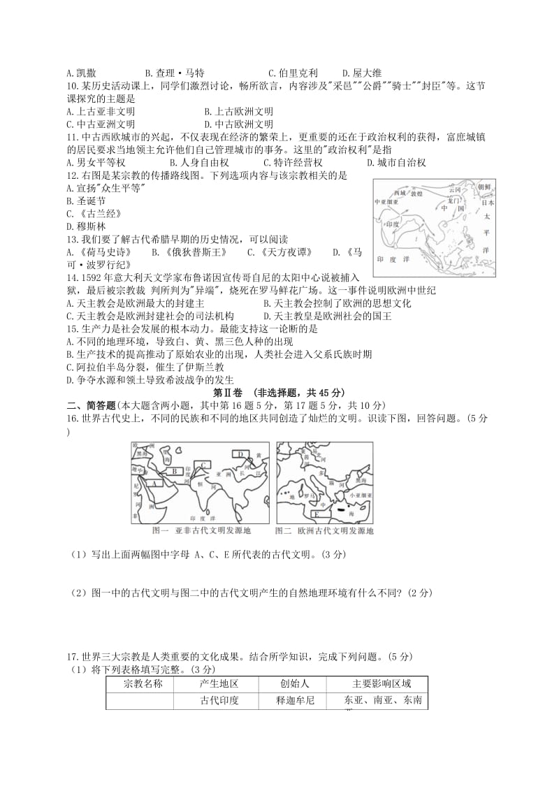 2019-2020年九年级上学期第一次月考历史试题(VII).doc_第2页