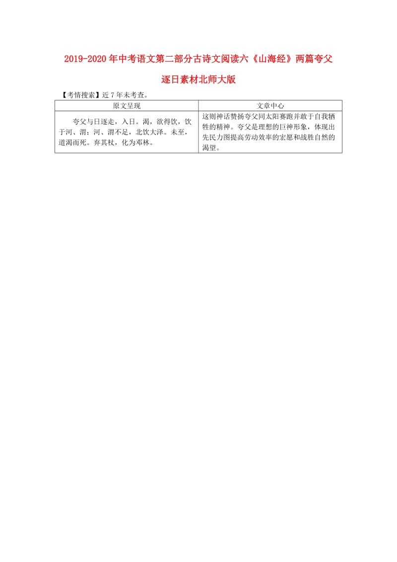 2019-2020年中考语文第二部分古诗文阅读六《山海经》两篇夸父逐日素材北师大版.doc_第1页