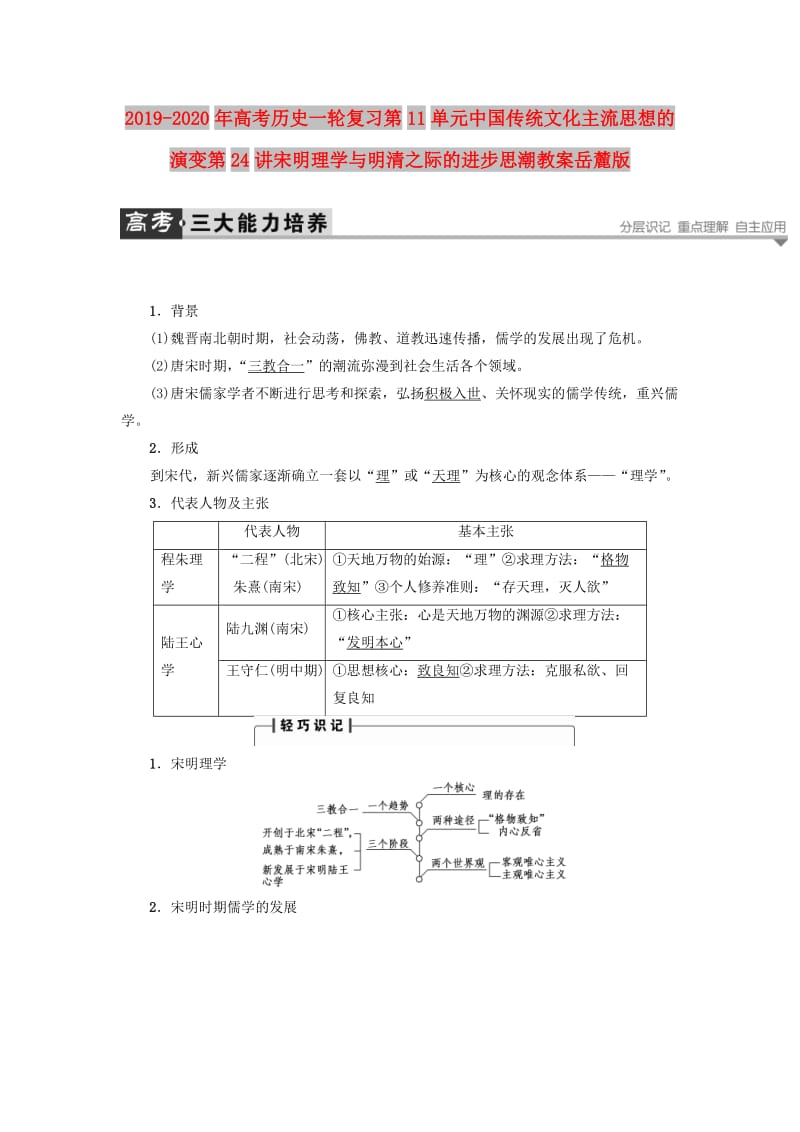 2019-2020年高考历史一轮复习第11单元中国传统文化主流思想的演变第24讲宋明理学与明清之际的进步思潮教案岳麓版.doc_第1页