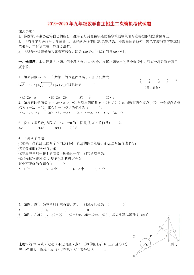 2019-2020年九年级数学自主招生二次模拟考试试题.doc_第1页