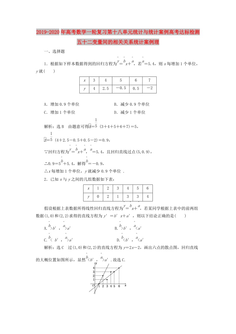 2019-2020年高考数学一轮复习第十八单元统计与统计案例高考达标检测五十二变量间的相关关系统计案例理.doc_第1页