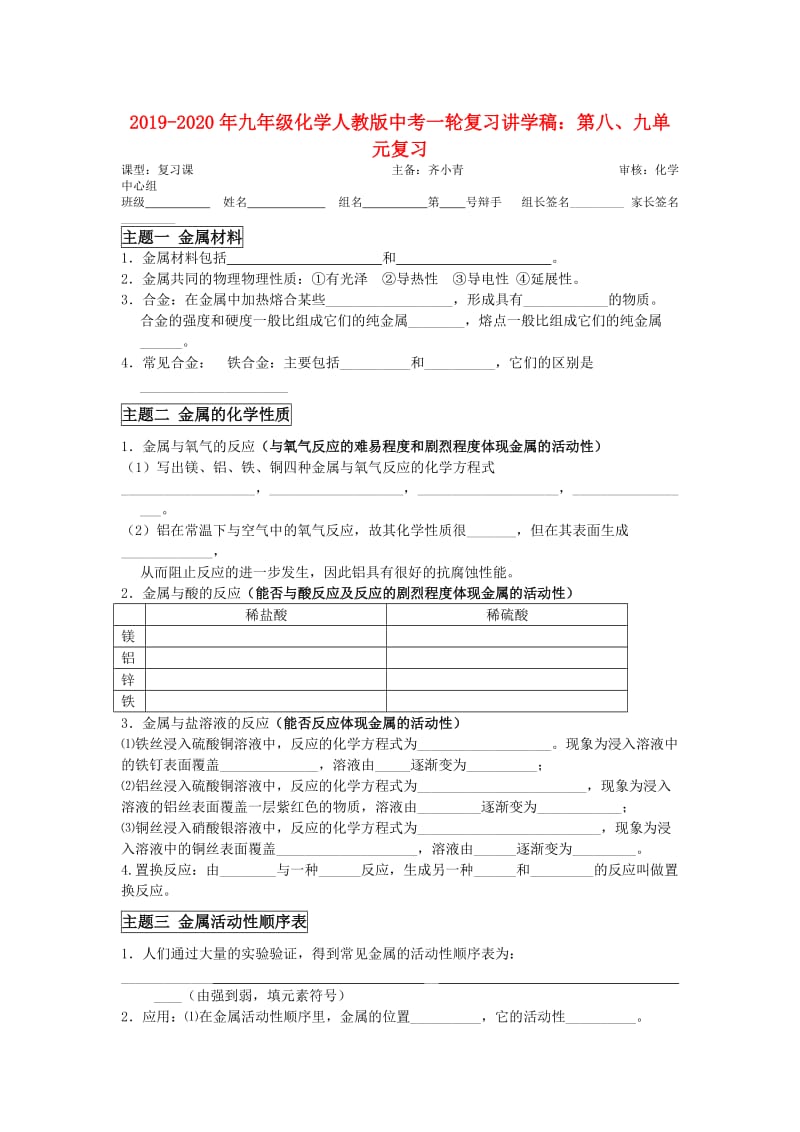 2019-2020年九年级化学人教版中考一轮复习讲学稿：第八、九单元复习.doc_第1页