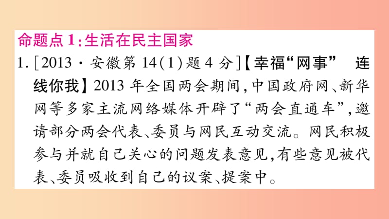 安徽省2019届中考道德与法治总复习 九上 第2单元 民主与法治 第3课 追求民主价值考点突破课件.ppt_第2页