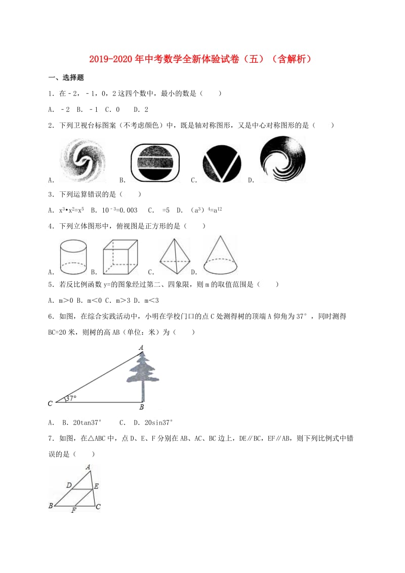 2019-2020年中考数学全新体验试卷（五）（含解析）.doc_第1页